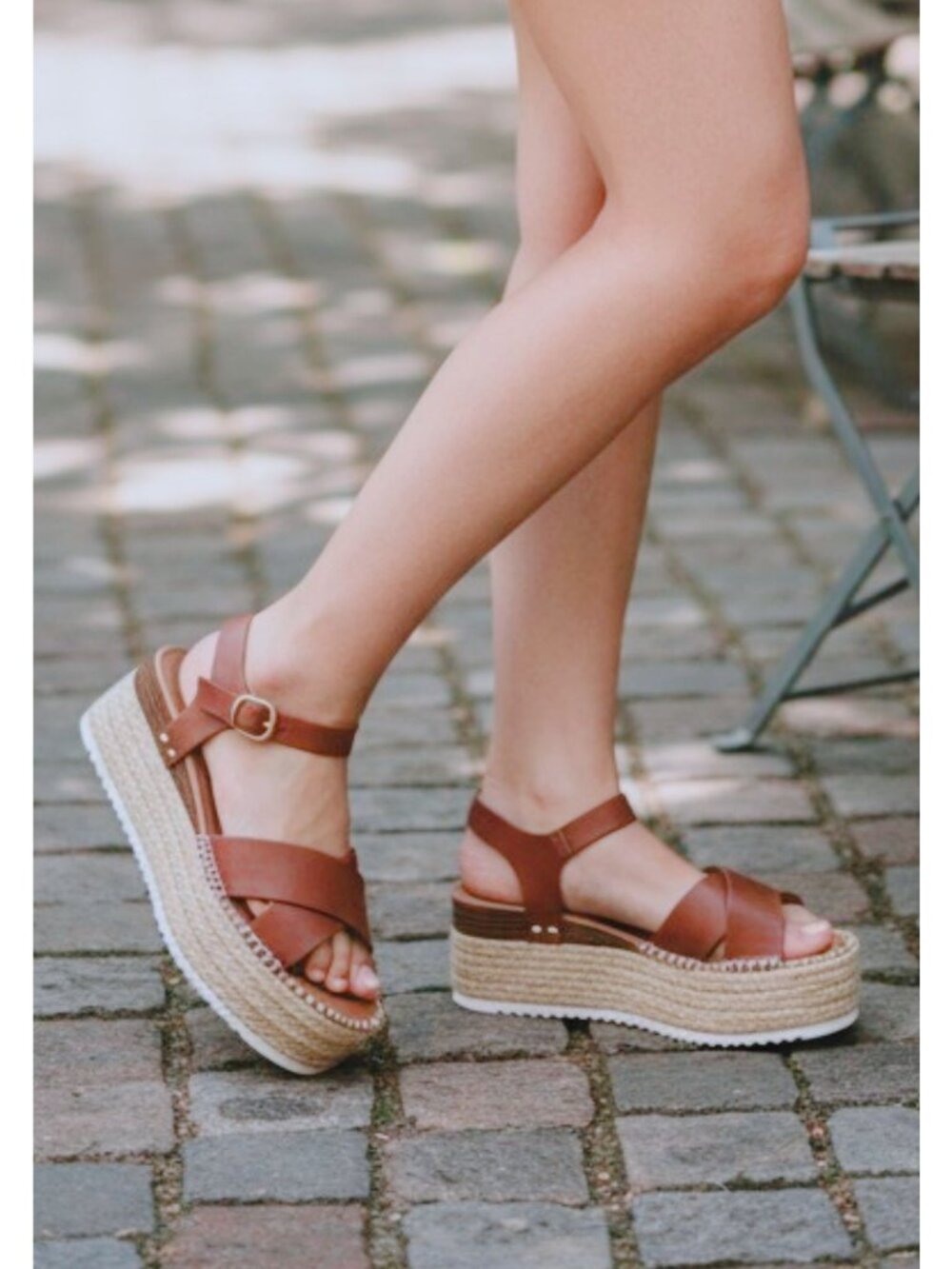 Tan Platform Espadrille Sandals With Buckle Strap Crisscross Upper & White Sole - Picture 4 of 16